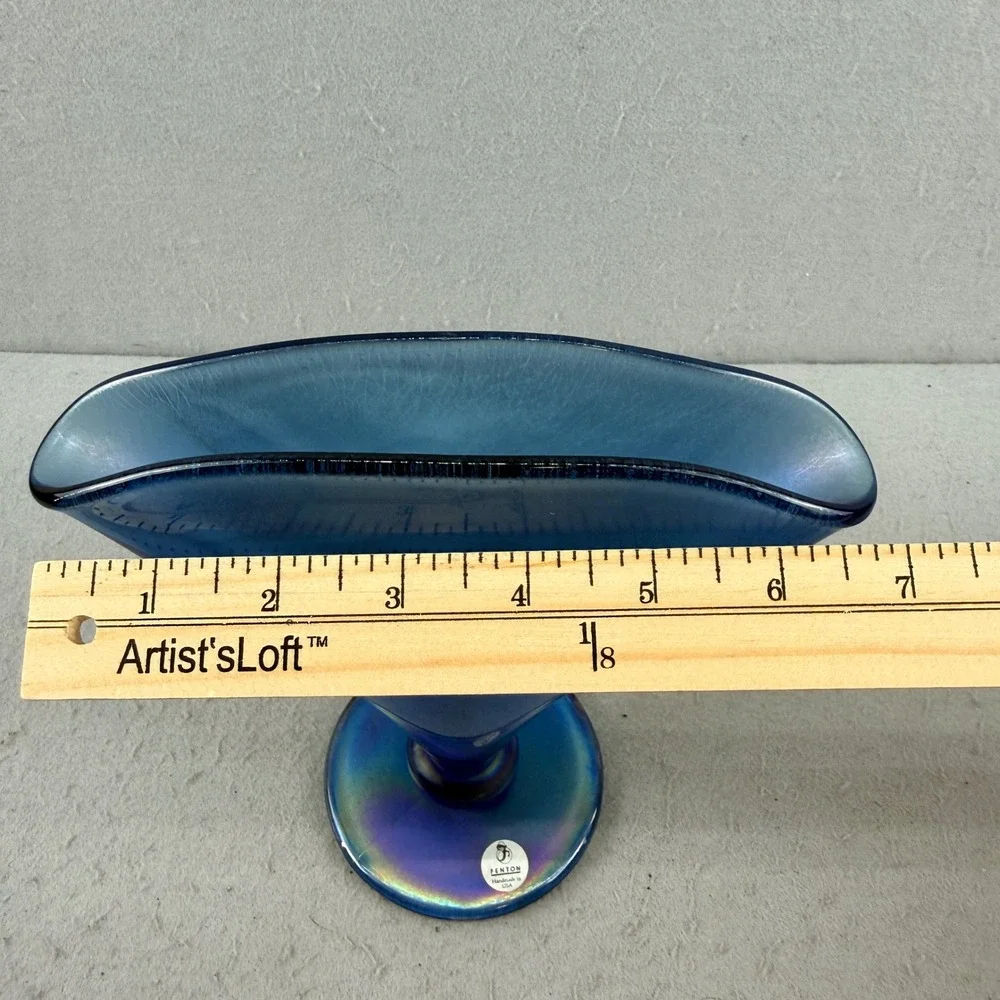 Fenton MMA Blue Satin Iridescent Stretch Glass Fan Vase Handmade‎ in USA 8 Inch